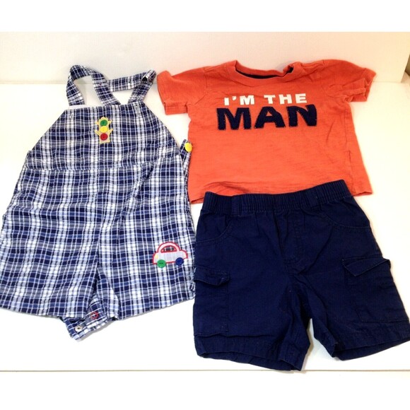 Baby Boys 12 Month Clothes Lot Of 3  Overalls Tee shirt & Shorts Clean - Picture 1 of 8